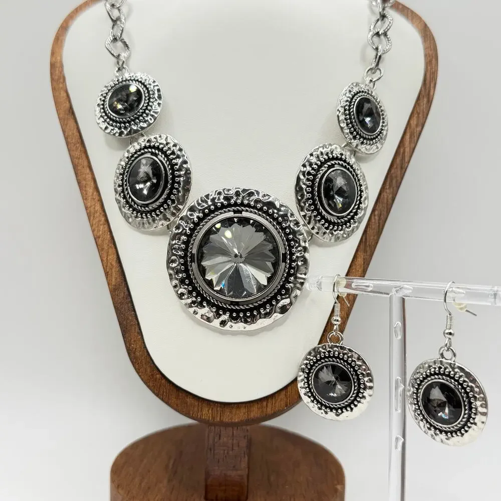 Silver Tone Black Crystal Statement Necklace & Earrings Set